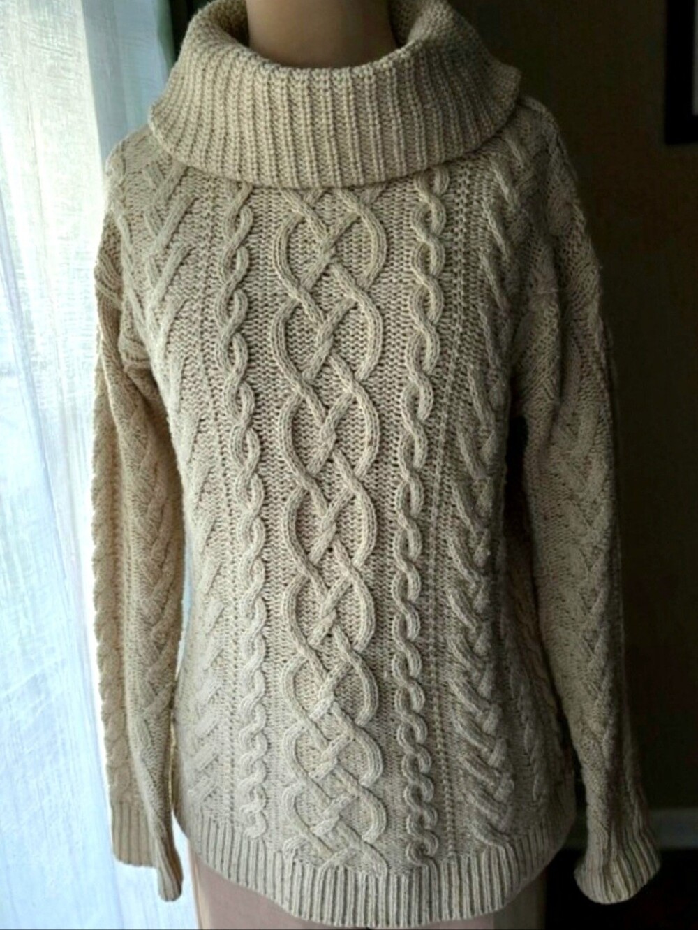 Lauren Ralph Lauren Beige Cable Knit Cowl Neck Sweater S Vintage Chunky Cotton